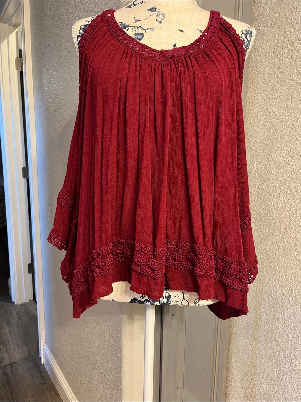 Boho Crochet-Trim Sleeveless Tunic in Wine Red